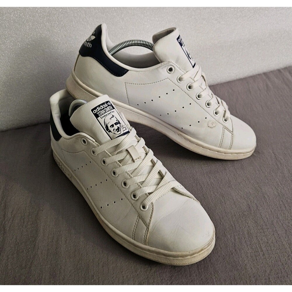 Mens Sz 10 Adidas Stan Smith White Navy Casual Athletic Tennis Shoes Preppy Y2K